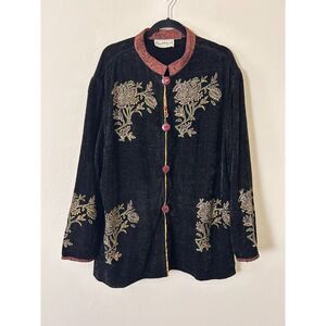 VTG Flashback Tapestry Jacket Sz L Black Embellished Boho Cardigan oriental
